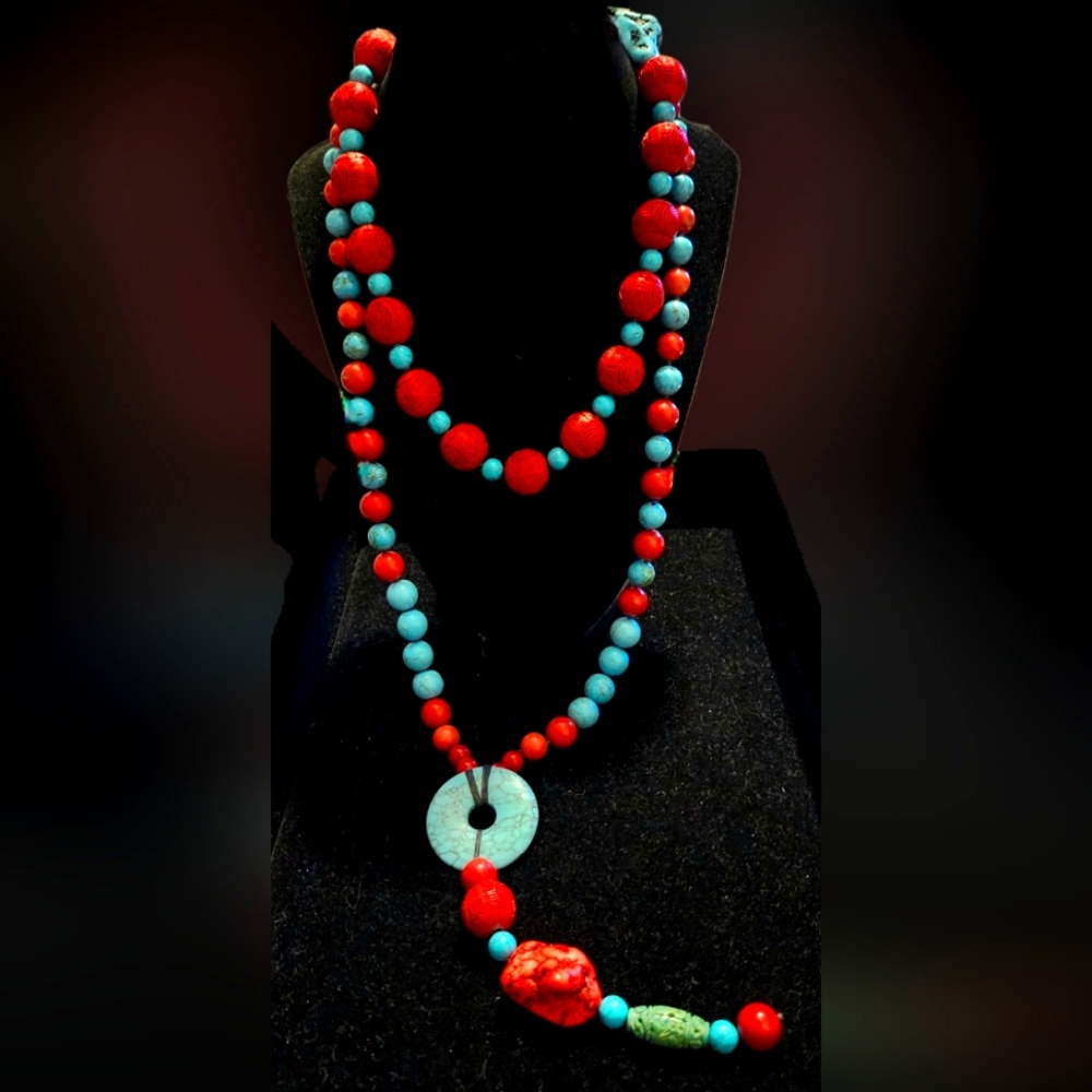 Vintage Turquoise Dyed Howlite & Oriental Carved Faux Cinnabar Beaded Necklace - Picture 2 of 6